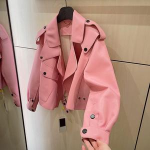 日韩外贸尾货品牌剪标女装甜酷嫩粉色皮衣女小个子短款夹克外套