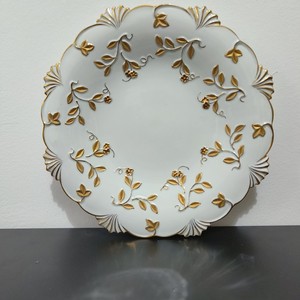 全新品相中古梅森Meissen轻鎏金花朵叶片贝壳纹浮雕异形赏盘托盘