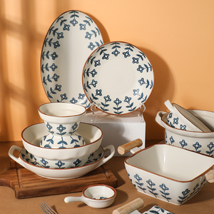 TINYHOME日式小蓝花碗盘餐具家用创意汤碗陶瓷饭碗菜盘子面碗鱼盘