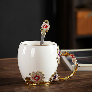 欧式轻奢珐琅彩少女心水杯茶杯子家用陶瓷杯办公杯带勺咖啡杯套装