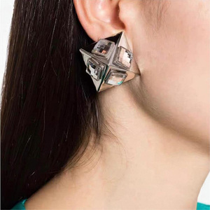 欧美小众AR夸张方形水晶镶钻耳环时尚OL高级感轻奢金字塔造型耳钉