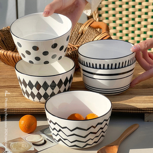 法式ins风赫本米饭碗家用吃饭碗陶瓷小碗黑白波点简约高颜值餐具