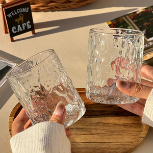 ins玻璃杯家用水杯威士忌酒杯小众高级感冰川纹果汁饮料咖啡杯子