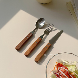 刀叉勺子套装韩国ins风餐具不锈钢木柄西餐牛排复古长柄餐勺汤勺