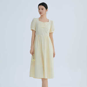Lucidy鲁思蒂连衣裙设计感韩版不对称百搭短袖心机领纯色长款裙