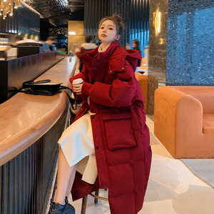 红色棉服女中长款过膝棉袄外套2023年冬季新款韩版宽松显瘦面包服