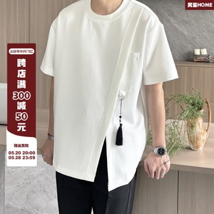 新中式男装轻国风短袖t恤男2024夏季新款潮流白色刺绣设计感t恤