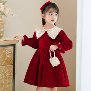 女童公主裙春秋装儿童红色丝绒连衣裙小女孩生日衣服高端礼服裙子