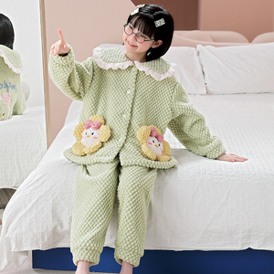 儿童睡衣冬天套装加厚保暖女童女孩加绒法兰绒卡通女宝小孩家居服