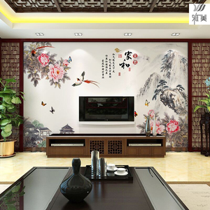 新中式手绘牡丹电视背景墙壁纸山水花鸟客厅沙发墙布家和富贵墙纸