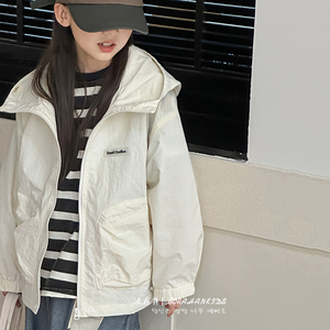 波拉韩国童装女童连帽拉链衫2024春季儿童宽松外套男童洋气夹克衫