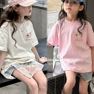 波拉韩童装女童纯棉短袖T恤2024儿童夏装休闲半袖t恤女孩打底上衣