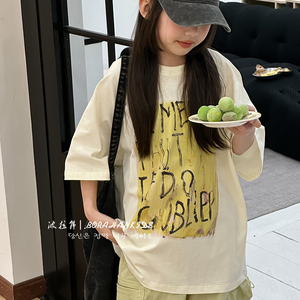 波拉韩国童装女童宽松短袖T恤2024夏装儿童圆领字母t男童休闲上衣