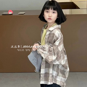 波拉韩童装女童格子衬衫2024春夏外套儿童洋气衬衣男童新款防晒衣