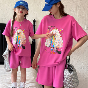 炸街亲子装高端夏季母女装卡通短袖T恤套装洋气韩版休闲两件套潮