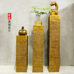 新中式祥云展示柱禅意仿古落地摆件客厅过道玄关饰品底座金色柱子