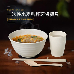麦秸秆一次性大汤碗面碗大碗加厚塑料杯 公勺筷子套装 商用拉面碗