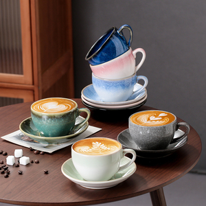 瓷掌柜 窑变300ml陶瓷卡布奇诺日式复古拉花拿铁杯大容量咖啡杯碟