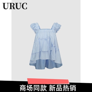 UR UC2024夏季女装甜美小清新 荷叶袖格子宽松罩衫衬衫吊带衫上衣