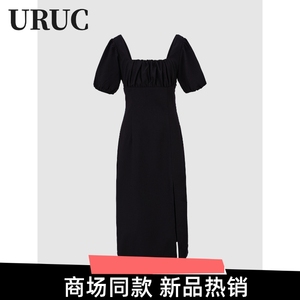 UR UC2023夏季新款女装赫本风 黑色捏褶开衩紧身连衣裙