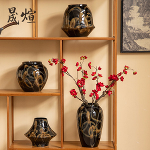 简约新中式创意陶瓷花瓶流金高级感水养插花干花客厅居家装饰摆件