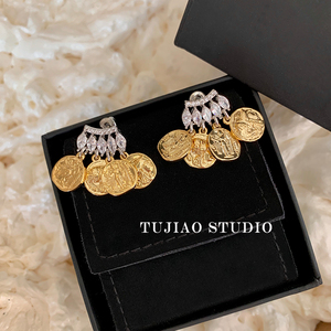 Tujiao 希腊风情复古气质人像图案金币锆石镀金宫廷感耳环