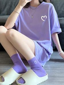 香芋紫短袖纯棉t恤女夏季2024年新款宽松大码休闲半袖中长款上衣