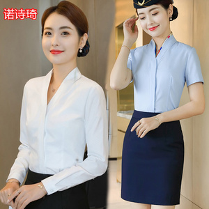 大码v领职业白衬衣工作服气质工装空姐正装美容院空乘制服套装裙