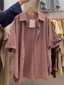 粉色正肩短袖衬衫女2024新款夏季薄款宽松开衫衬衣大码减龄上衣潮