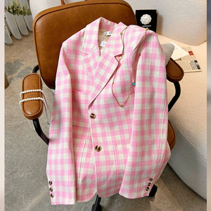 粉色小香风西装外套女秋季气质高级感轻熟风百搭格子设计感小西服