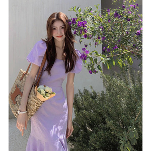 紫色连衣裙女夏季2023新款高级感御姐名媛法式气质修身显瘦鱼尾裙