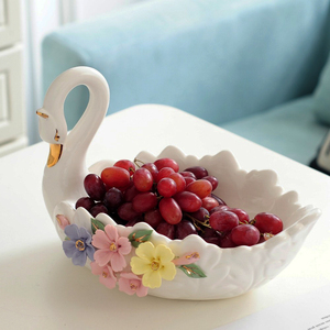 天鹅水果盘客厅茶几桌面收纳糖果什锦盒创意房间装饰陶瓷欧式摆件