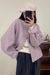 24春新韩版紫色双面羊绒大衣女短款小香风宽松圆领小个子毛呢外套