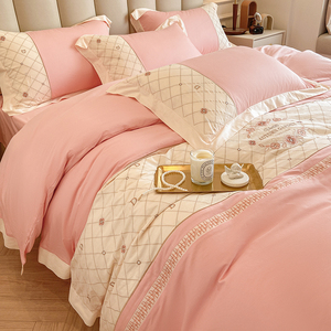 100纯棉全棉四件套欧式床单被套床笠款高级感公主风床上用品粉色4