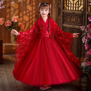儿童汉服女童超仙古风襦裙红色古装中国风大袖衫女孩中大童秋冬季