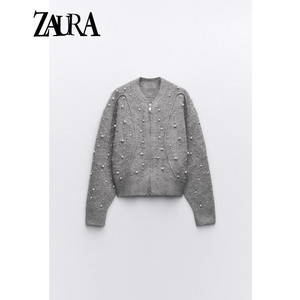 ZA 秋冬新款女装灰色显瘦重工钉珠针织开衫毛衣外套 Z9598197 809