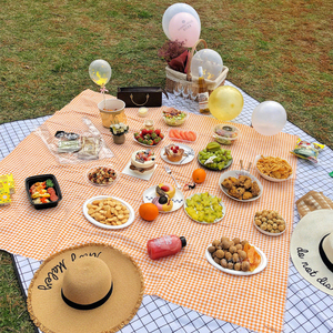 桔色格子棉麻野餐布地摊布文艺拍照背景布 ins风桌布茶几布野餐垫
