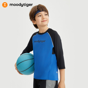 moodytiger男童拼接七分袖T恤春夏季外出休闲透气儿童运动衣