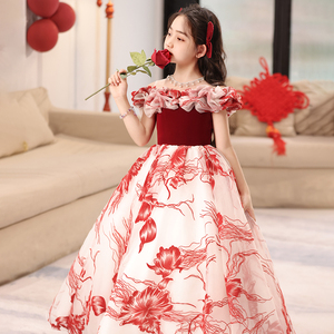 红色女童礼服轻奢小众高端钢琴演奏主持人儿童生日公主裙花童周岁