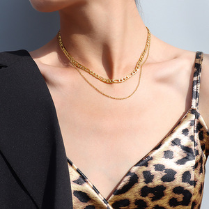 欧美双层叠戴项链女锁骨颈链气质个性钛钢18金饰品女瑞丽高级感女