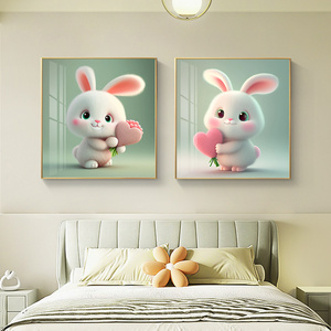 前兔无量女孩房间装饰画现代简约卧室床头壁画可爱萌宠儿童房挂画