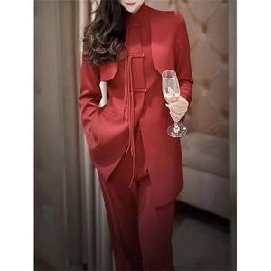 新中式红色西装套装女早春季高级感休闲时尚西服直筒阔腿裤两件套