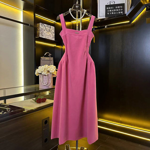 ROILTROU粉红色牛仔背带连衣裙女新款a字法式收腰小众设计长裙子