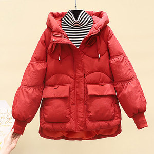 红色亮闪闪羽绒棉服女短款2023冬季新款韩版宽松加厚保暖棉衣外套