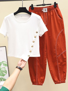 韩版不规则排扣短款T恤+哈伦裤九分裤两件套装夏季时尚女装潮流