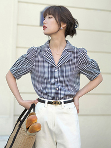 复古黑白格子泡泡袖衬衫女夏季法式小众独特别致洋气减龄短袖上衣