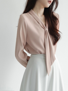 职业通勤温柔风粉色飘带衬衫女春季新款知性优雅高级气质长袖上衣