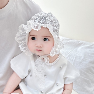 婴儿帽子夏季透气蕾丝花朵公主帽小月龄宝宝遮阳帽女童防晒宫廷帽