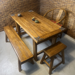 老榆木茶桌复古实木吧台中式禅意茶台家用原木书桌民宿餐桌长条凳