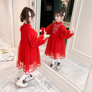 女童连衣裙红色加绒加厚儿童秋冬装中大童拜年服宝宝韩版洋气裙子